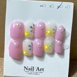 Floral Press On Nails Pink White Pearl Accents Short Square Medium Set 10pc
